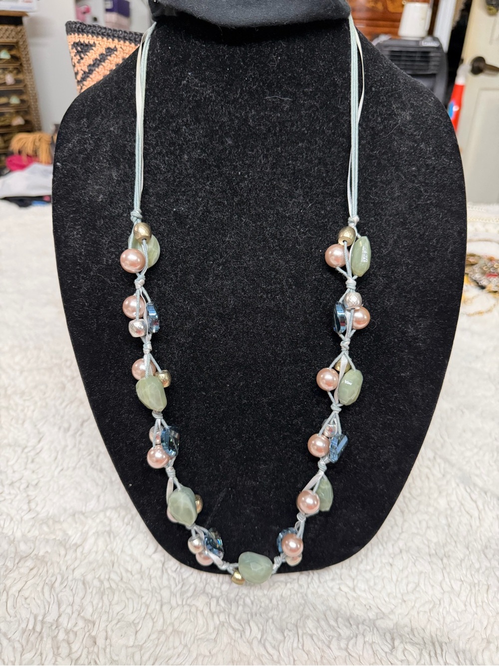 Chico’s  Pale Green and Pink Beaded Necklace 36” signed
